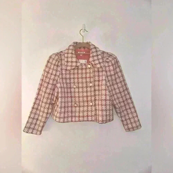 TCEC Betty Pink Plaid Double Breasted Tweed Blazer Cropped, Small, NWT - Picture 1 of 3